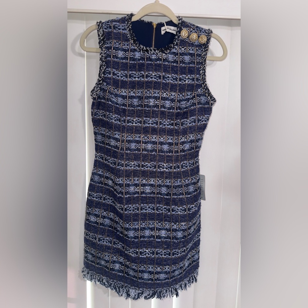 Rebecca Vallance Blue Plaid Button-Embellished Mini Dress